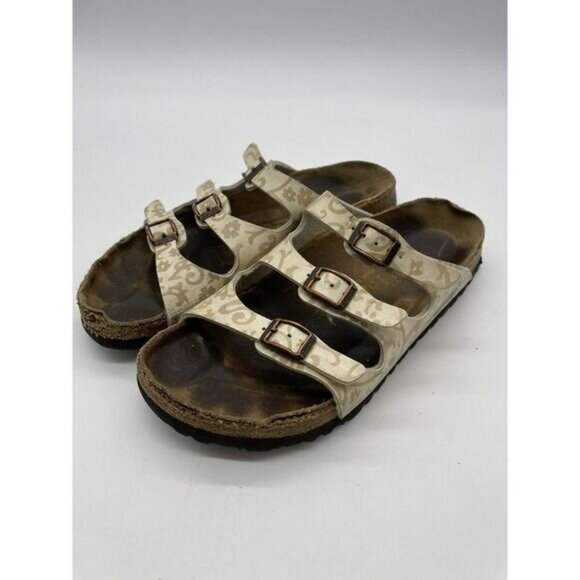 Papillio Birkenstock Women Floral Sandals‎ Tan  3 Buckle Straps 245 L 7 **read** - Picture 1 of 8